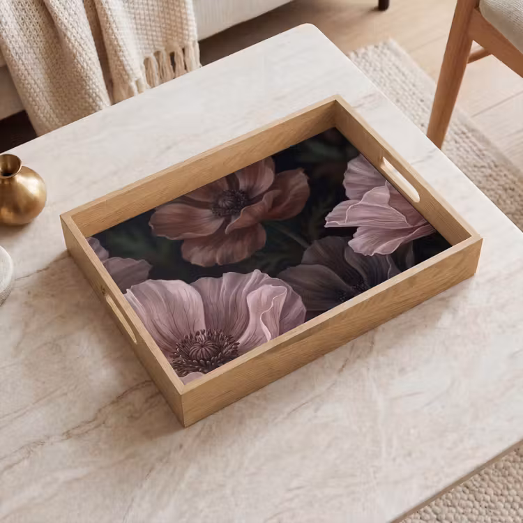 Bloemen - Natuur - Roze - Donker - Modern Dienblad Rechthoek middel -sfeer1