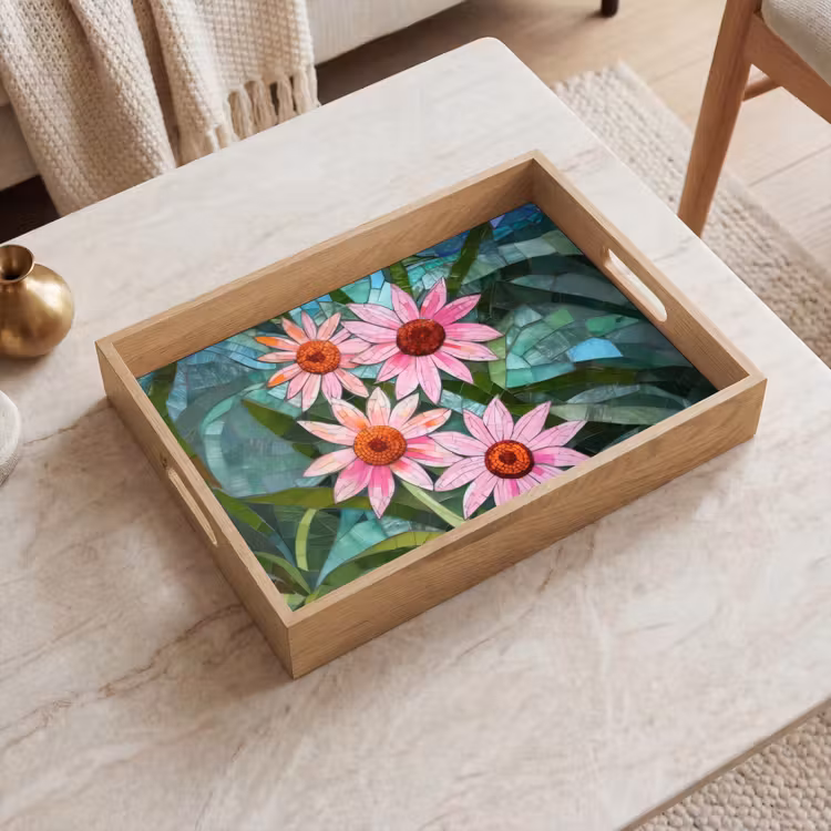 Bloemen - Roze - Glasmozaïek Dienblad Rechthoek middel -sfeer1
