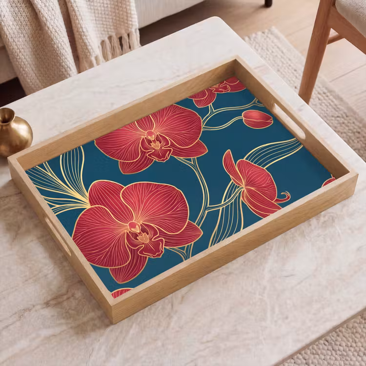 Tablett - Blumen – Rot – Gold - Bloemen - Rood - Goud Dienblad Rechthoek middel