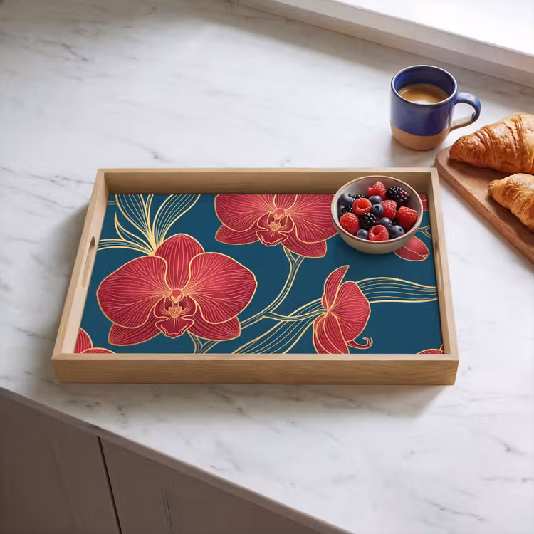 Tablett - Blumen – Rot – Gold - Bloemen - Rood - Goud Dienblad Rechthoek middel