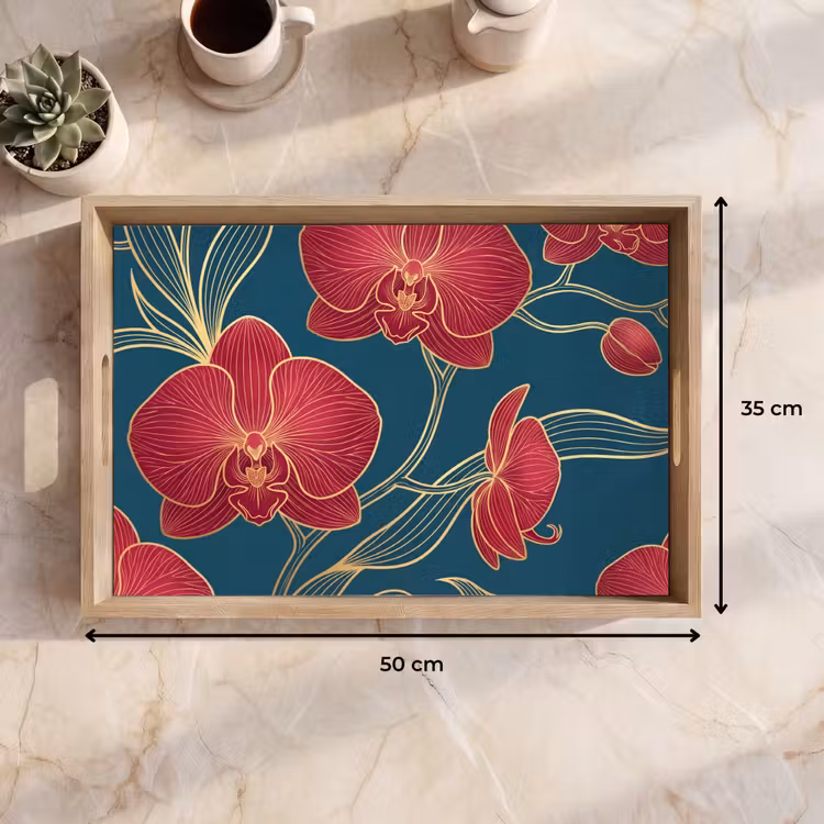 Tablett - Blumen – Rot – Gold - Bloemen - Rood - Goud Dienblad Rechthoek middel