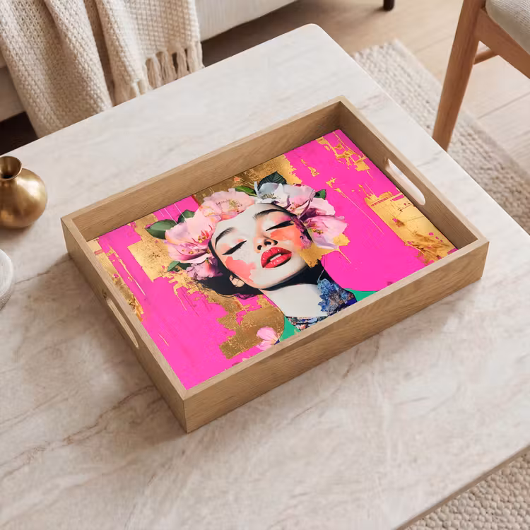 Bloemenkroon - Goud - Vrouw - Portret Dienblad Rechthoek middel -sfeer1