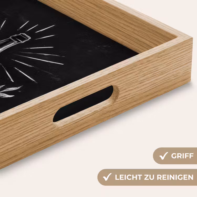 Champagnefles - Lauriertakken - Zwarte achtergrond Dienblad Rechthoek middel -USP_HandgreepDE