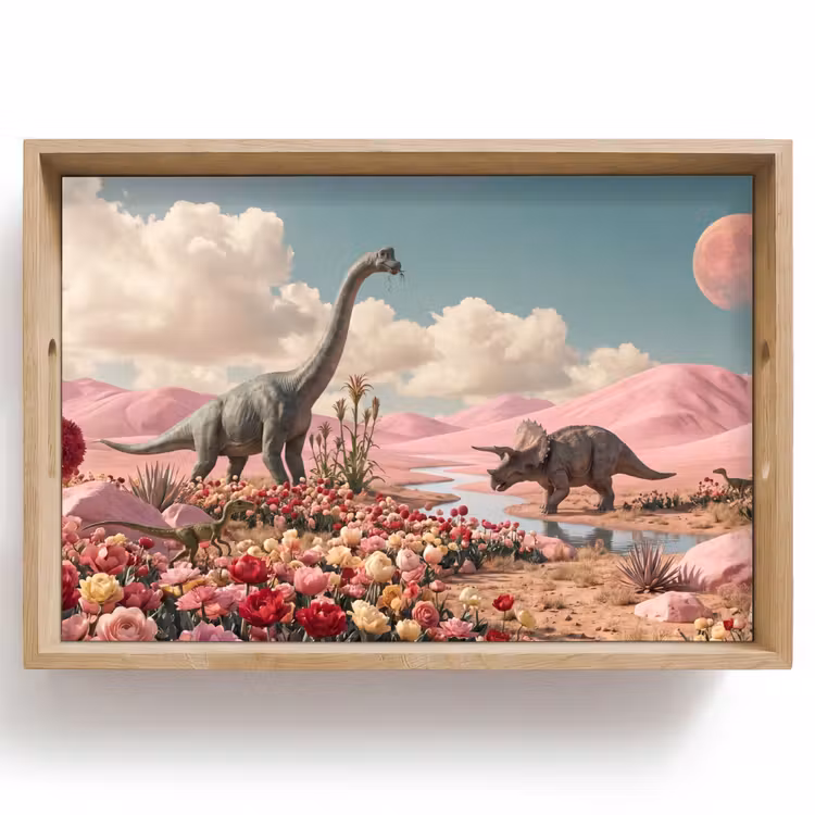 Tablett - Dinosaurier – Rosa – Landschaft - Dinosaurus - Roze - Landschap Dienblad Rechthoek middel