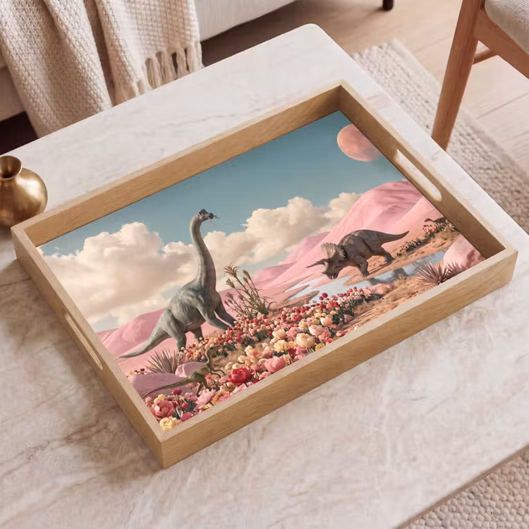 Tablett - Dinosaurier – Rosa – Landschaft - Dinosaurus - Roze - Landschap Dienblad Rechthoek middel