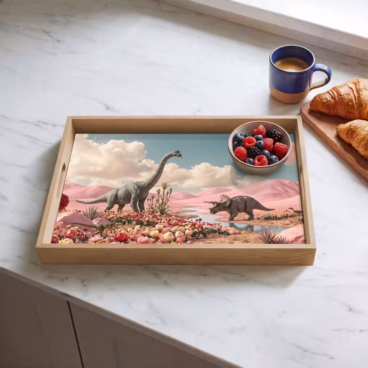 Tablett - Dinosaurier – Rosa – Landschaft - Dinosaurus - Roze - Landschap Dienblad Rechthoek middel