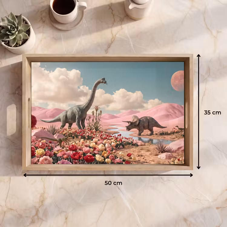 Tablett - Dinosaurier – Rosa – Landschaft - Dinosaurus - Roze - Landschap Dienblad Rechthoek middel