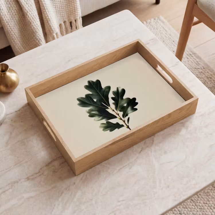 Eikenbladeren - Beige - Groen - Golvende randen Dienblad Rechthoek middel -sfeer1
