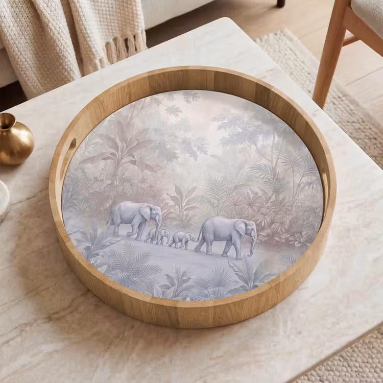 Olifant - Familie - Jungle - Illustratie - Grijs Dienblad Rond middel -sfeer1