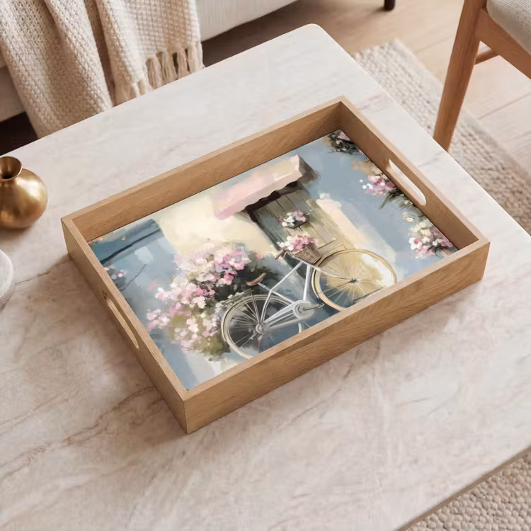 Fiets - Pastelkleuren - Bloemen Dienblad Rechthoek middel -sfeer1