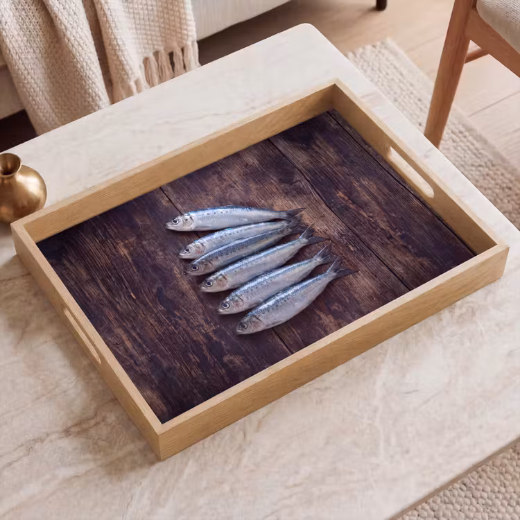 Tablett - Fisch – Holz – Essen - Vis - Hout - Eten Dienblad Rechthoek middel