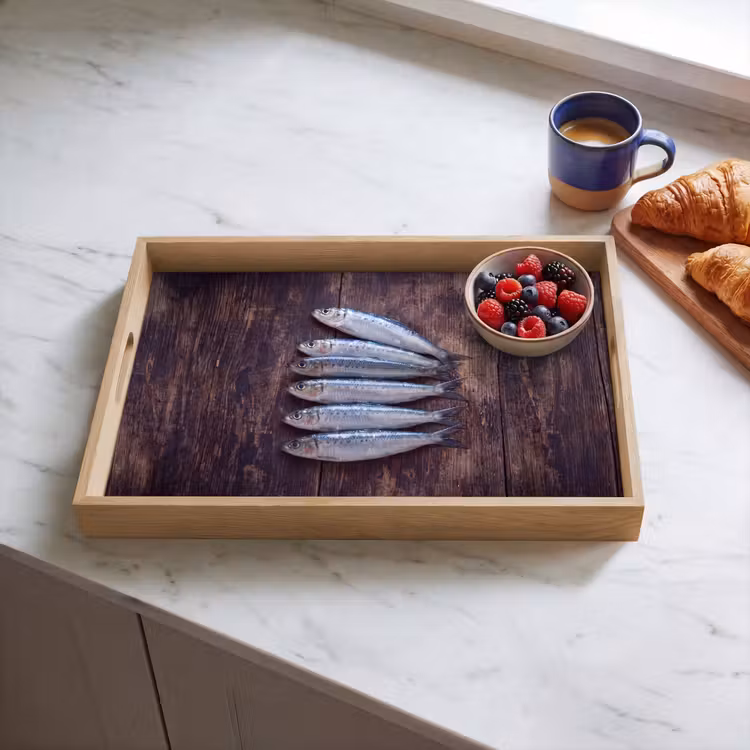 Tablett - Fisch – Holz – Essen - Vis - Hout - Eten Dienblad Rechthoek middel