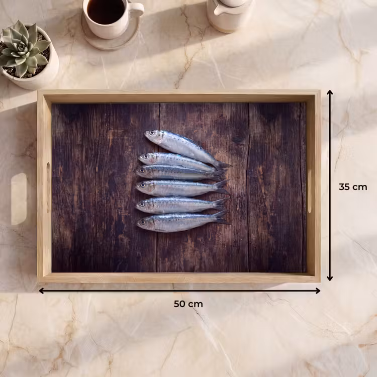 Tablett - Fisch – Holz – Essen - Vis - Hout - Eten Dienblad Rechthoek middel