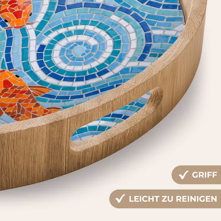 Vis - Mozaïek - Water - Decoratief - Blauw Dienblad Rond middel -USP_HandgreepDE