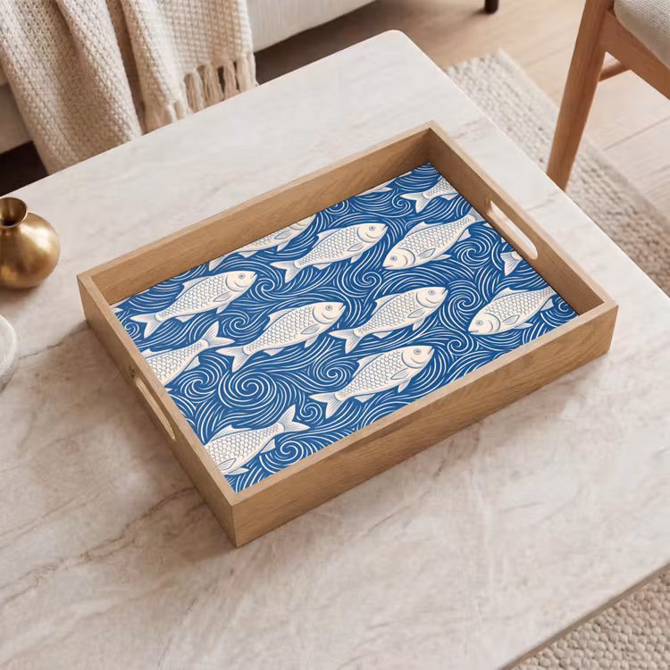 Vis - Water - Patroon - Grafisch - Blauw Dienblad Rechthoek middel -sfeer1