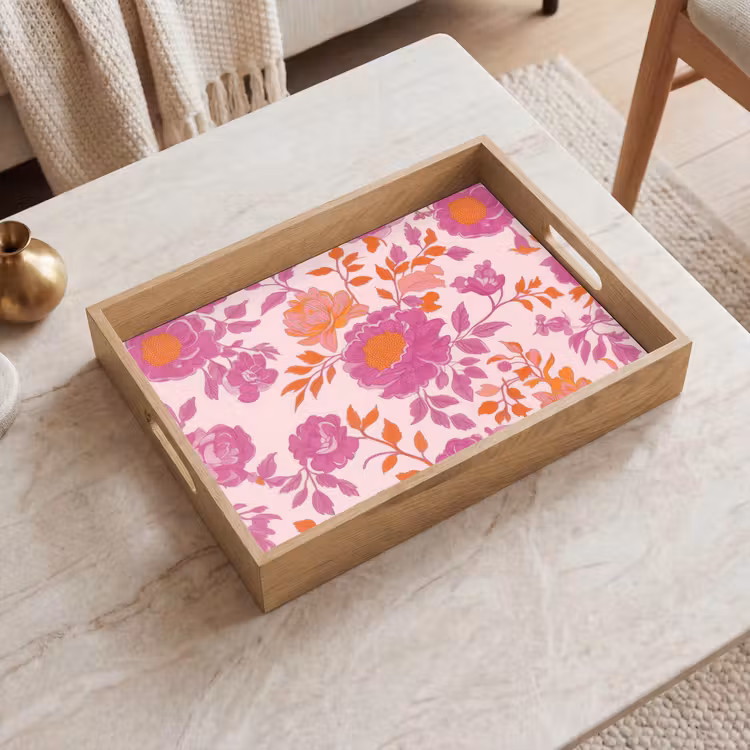 Bloemenpatroon - Roze - Oranje - Bloemen Dienblad Rechthoek middel -sfeer1