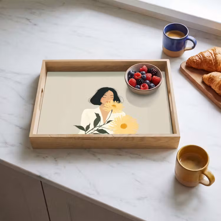 Vrouw - Bloem - Geel - Minimalistisch Dienblad Rechthoek middel -sfeer2