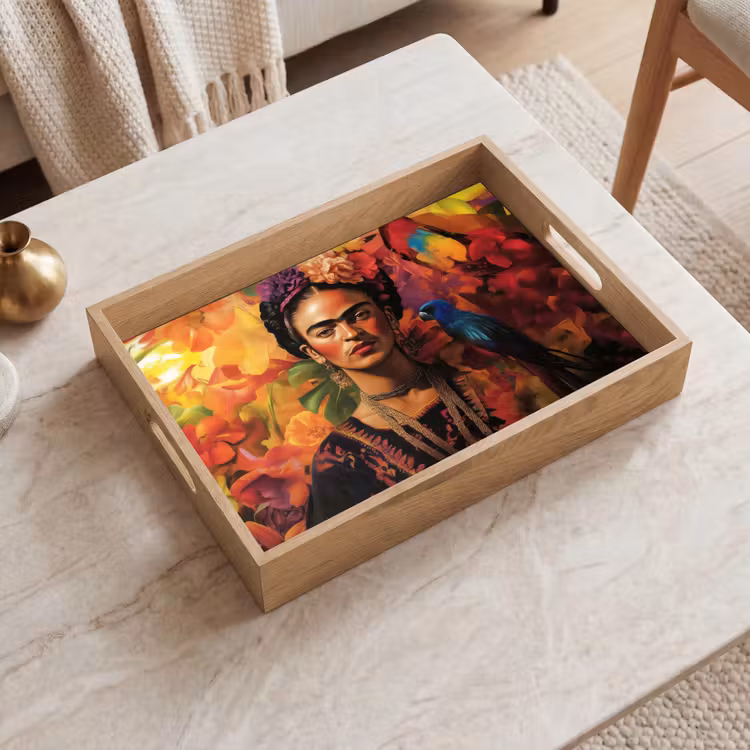 Vrouw - Bloemen - Papegaai - Schilderachtig Dienblad Rechthoek middel -sfeer1
