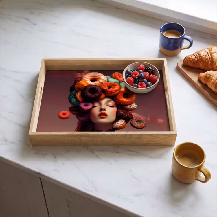 Vrouw - Donuts - Kleurrijk Dienblad Rechthoek middel -sfeer2
