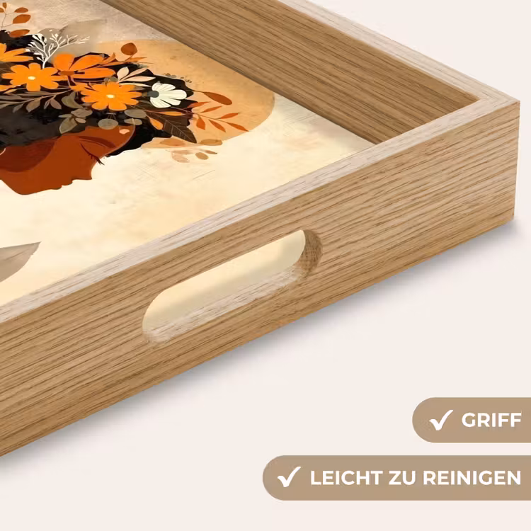 Vrouw - Krullen - Bloemen - Beige Dienblad Rechthoek middel -USP_HandgreepDE