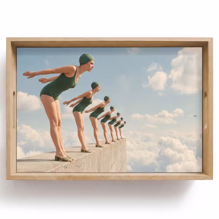 Tablett - Frauen – Tauchhaltung – Wolken - Vrouwen - Duikhouding - Wolken Dienblad Rechthoek middel