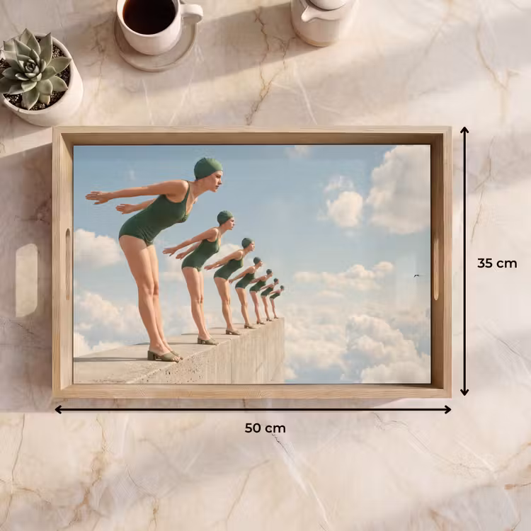 Tablett - Frauen – Tauchhaltung – Wolken - Vrouwen - Duikhouding - Wolken Dienblad Rechthoek middel