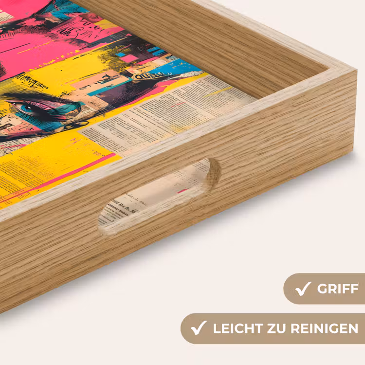 Vrouwengezicht - Krantenpapier - Abstract - Roze Dienblad Rechthoek middel -USP_HandgreepDE