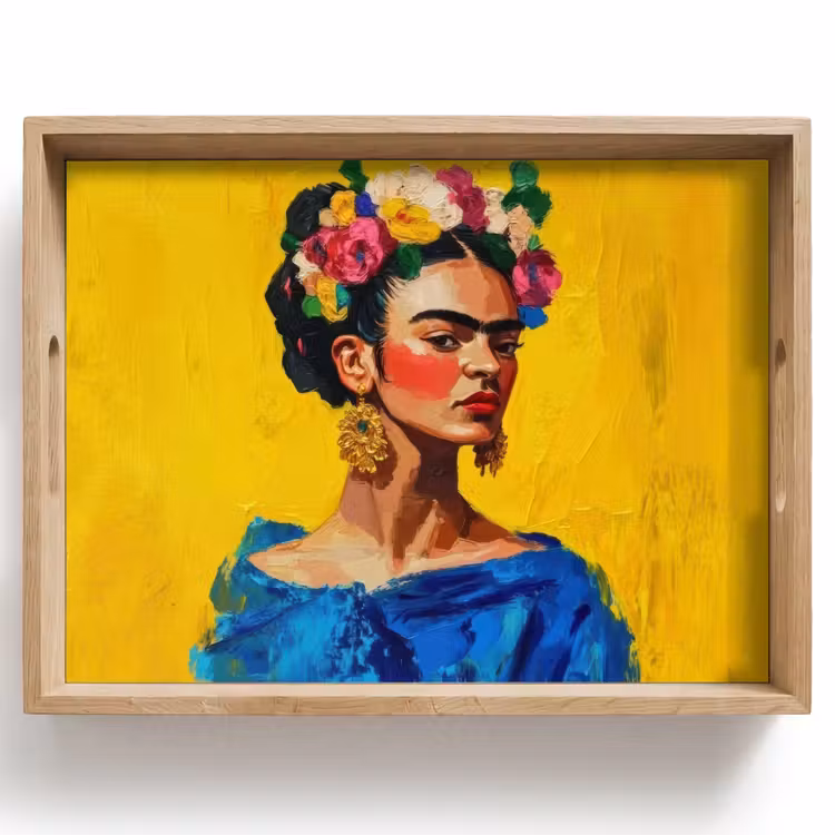 Frida Kahlo - Vrouw - Geel - Blauw - Bloemen Dienblad Rechthoek middel -z3d_shopping