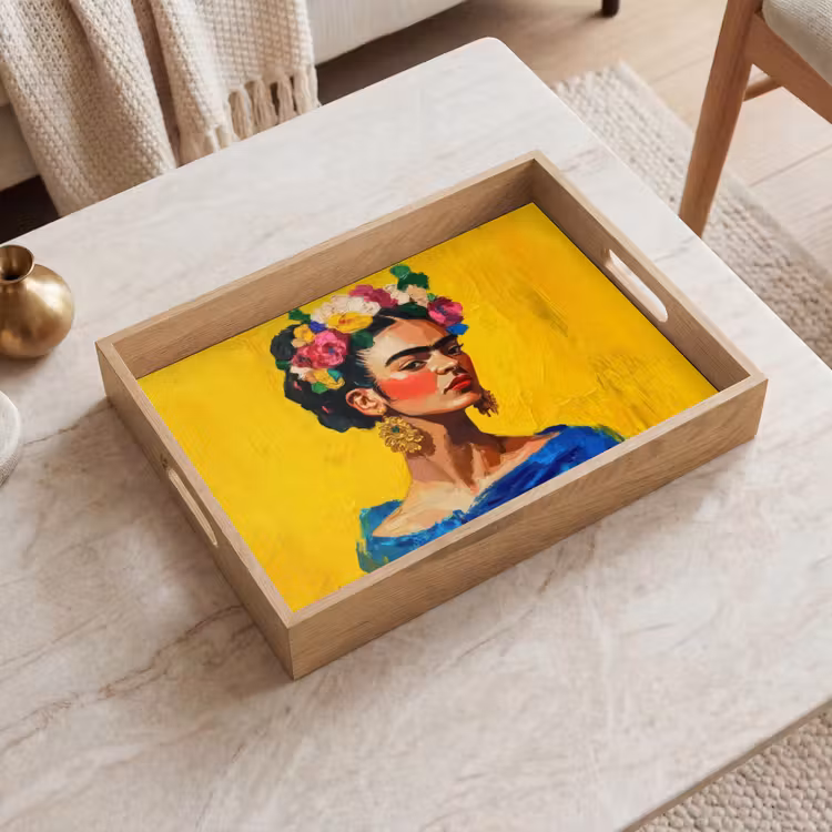 Frida Kahlo - Vrouw - Geel - Blauw - Bloemen Dienblad Rechthoek middel -sfeer1