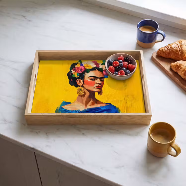 Frida Kahlo - Vrouw - Geel - Blauw - Bloemen Dienblad Rechthoek middel -sfeer2