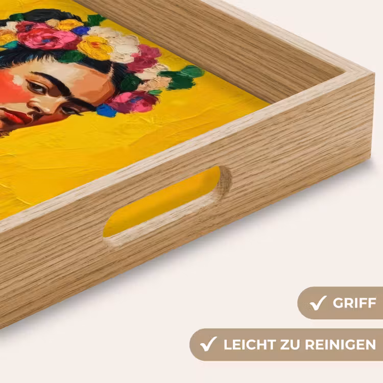 Frida Kahlo - Vrouw - Geel - Blauw - Bloemen Dienblad Rechthoek middel -USP_HandgreepDE