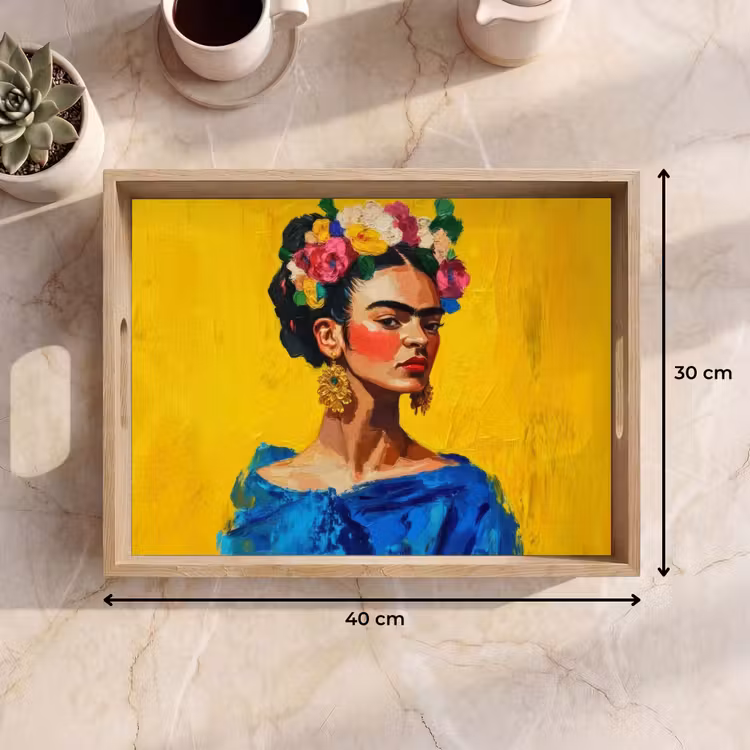 Frida Kahlo - Vrouw - Geel - Blauw - Bloemen Dienblad Rechthoek middel -USP_Formaat