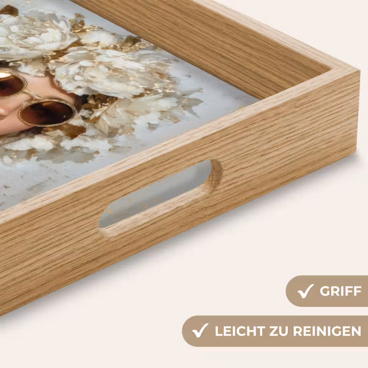 Schilderij - Vrouw - Zonnebril - Bloemenkrans Dienblad Rechthoek middel -USP_HandgreepDE