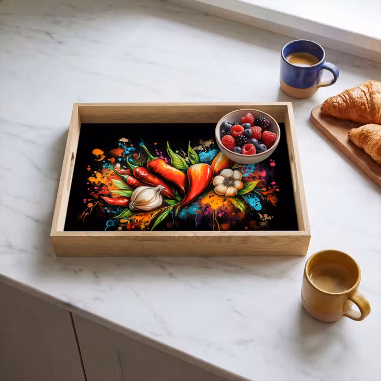 Groente - Peper - Knoflook - Graffiti - Verf - Kleurrijk Dienblad Rechthoek middel -sfeer2