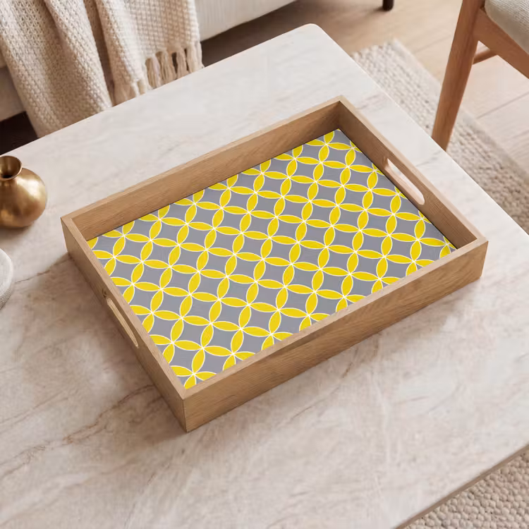Geometrisch - Cirkels - Modern - Grijs - Geel Dienblad Rechthoek middel 911 -sfeer1