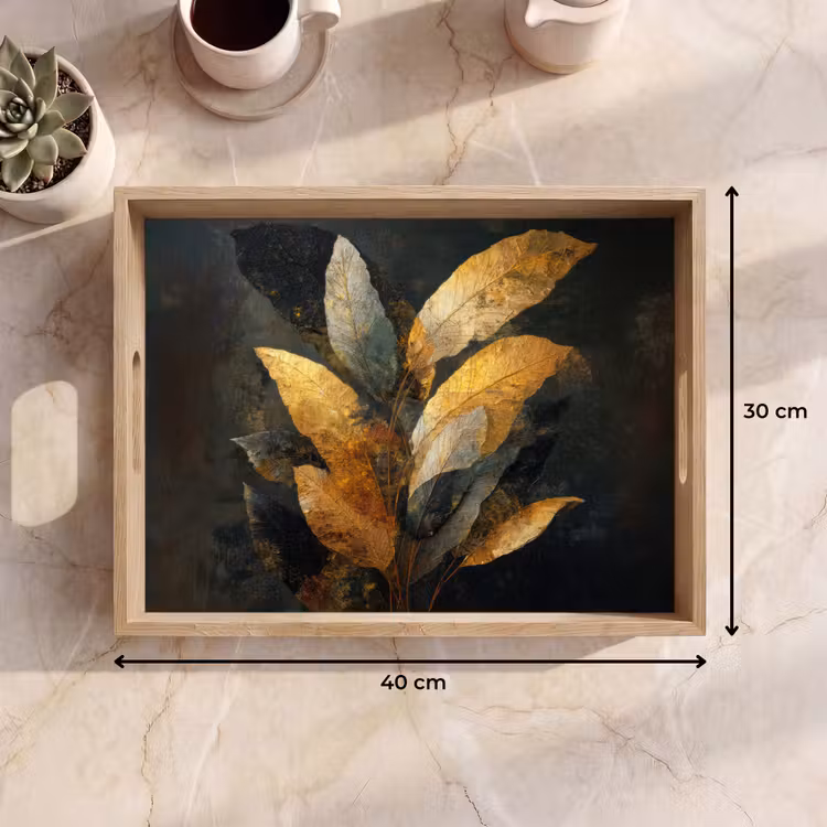 Gouden Bladcompositie – Botanische Luxe Dienblad Rechthoek middel -USP_Formaat