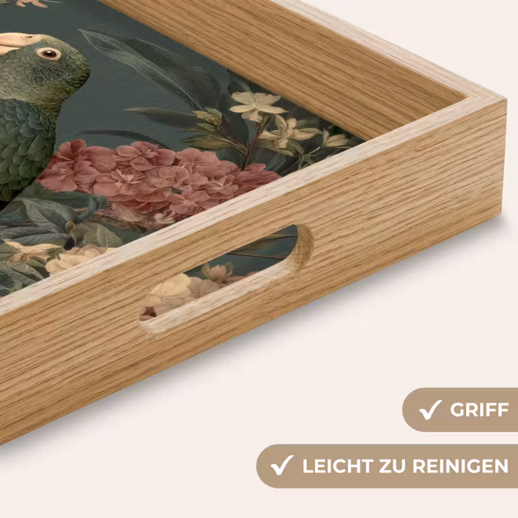 Groene papegaai - Kleurrijke bloemen - Donkere achtergrond Dienblad Rechthoek middel -USP_HandgreepDE