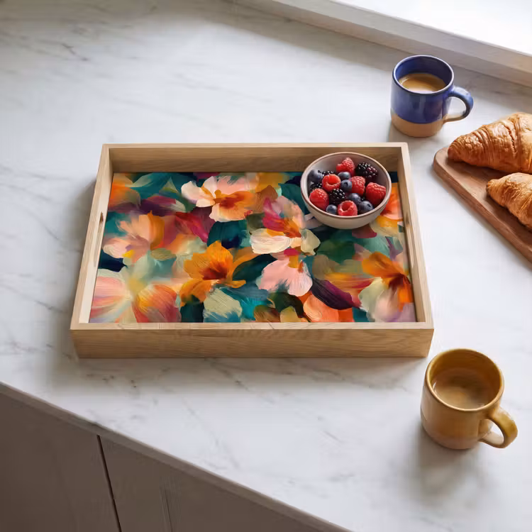 Harmonieus - Abstracte bloemen - Warme tinten Dienblad Rechthoek middel -sfeer2