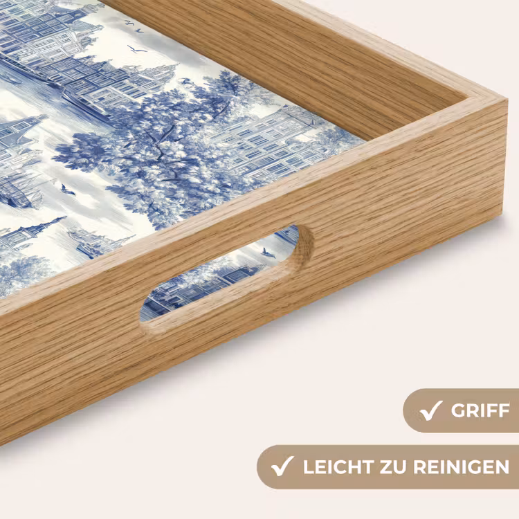 Huizen - Bomen - Water - Vogels - Blauw Dienblad Rechthoek middel 911 -USP_HandgreepDE