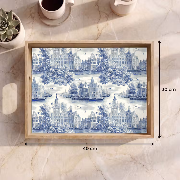 Huizen - Bomen - Water - Vogels - Blauw Dienblad Rechthoek middel 911 -USP_Formaat