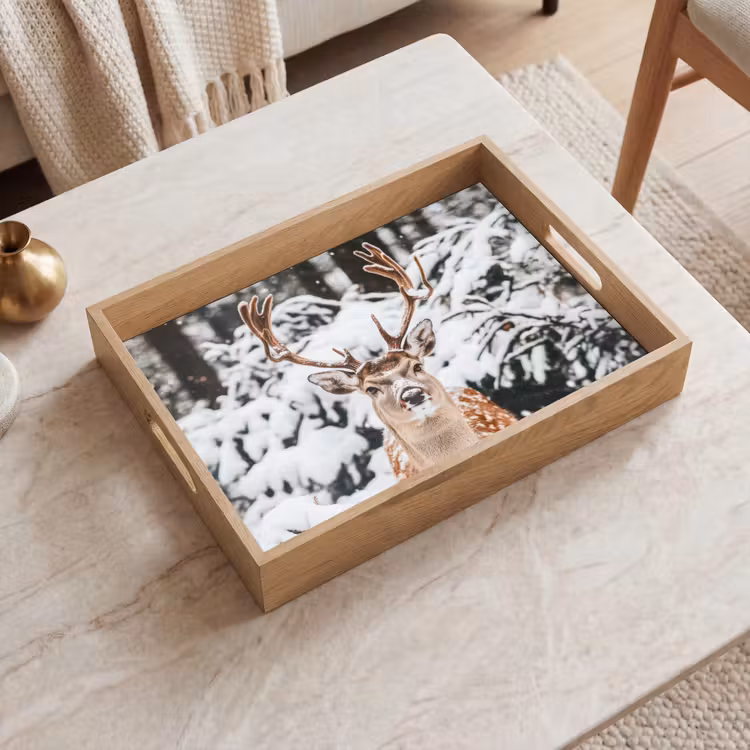 Hert - Sneeuw - Winter - Bos - Dieren Dienblad Rechthoek middel -sfeer1