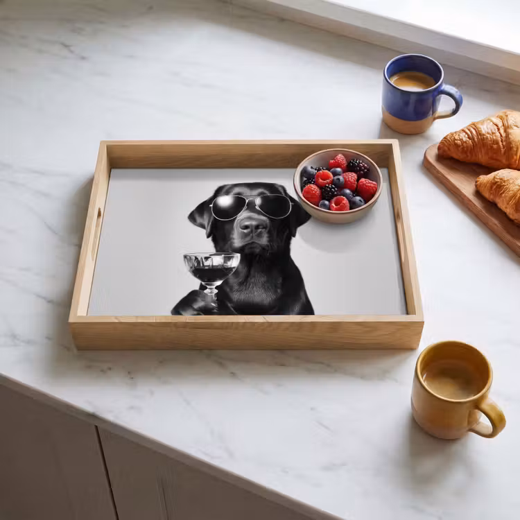 Hond - Zwart - Wijnglas - Zonnebril Dienblad Rechthoek middel -sfeer2