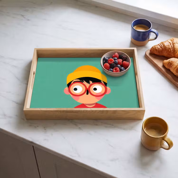 Jongen - Cartoon - Bril - Muts Dienblad Rechthoek middel -sfeer2