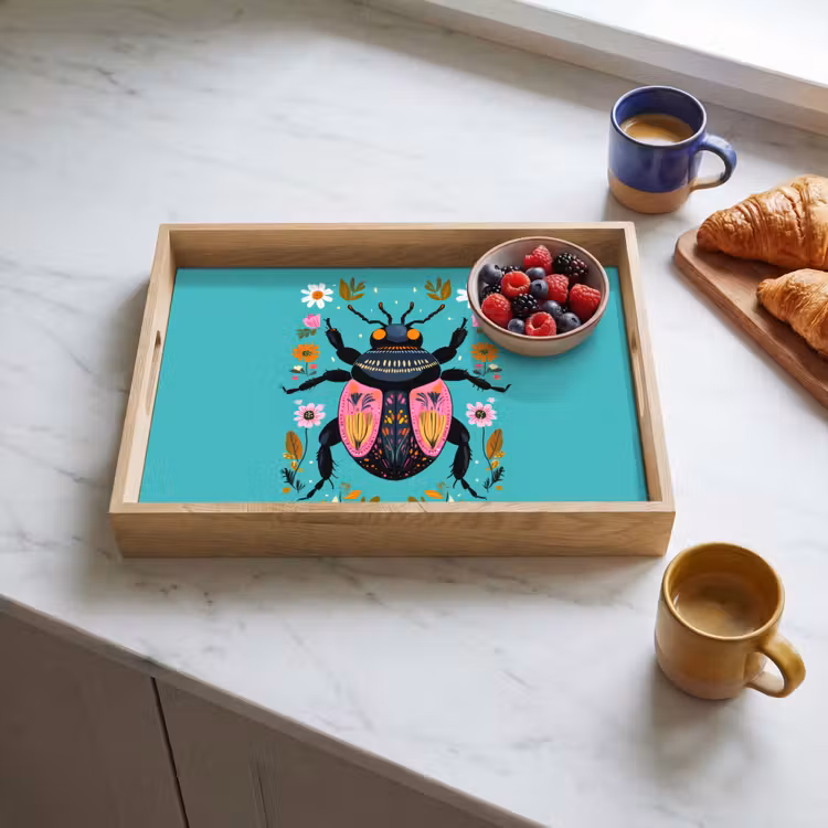 Kever - Bloemmotieven - Turquoise - Bladeren Dienblad Rechthoek middel -sfeer2