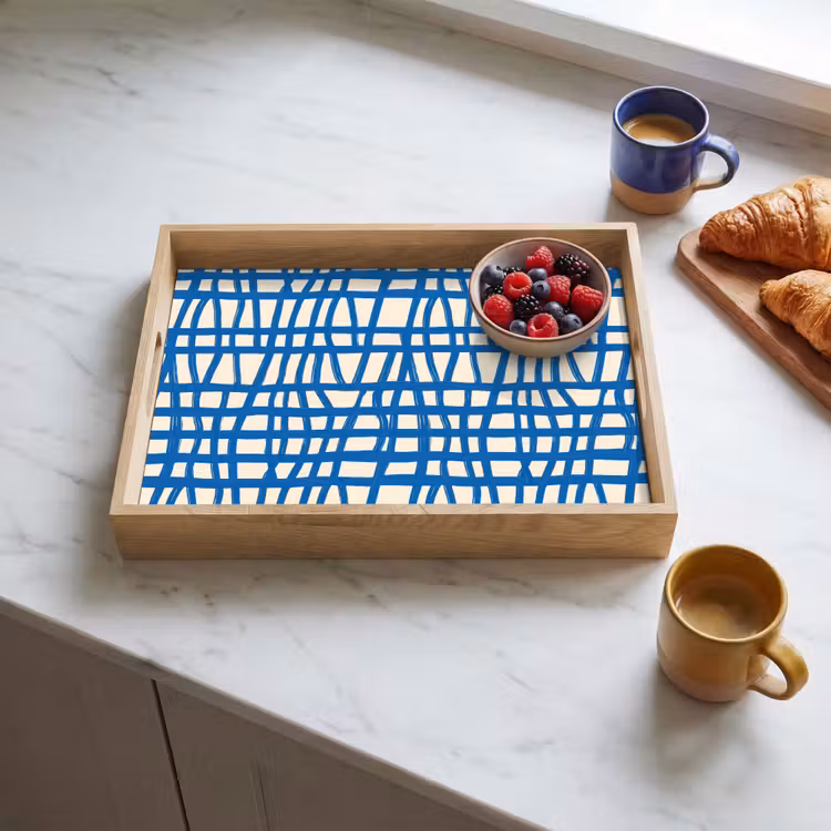 Ruitpatroon - Blauw - Crème Dienblad Rechthoek middel 911 -sfeer2