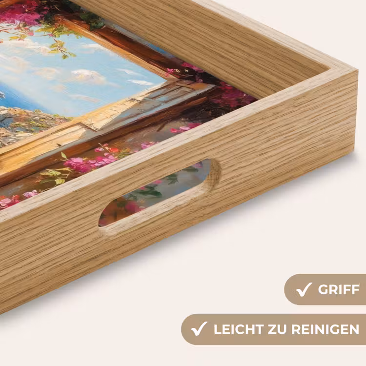 Kat - Blauwe zee - Roze bloemen Dienblad Rechthoek middel -USP_HandgreepDE