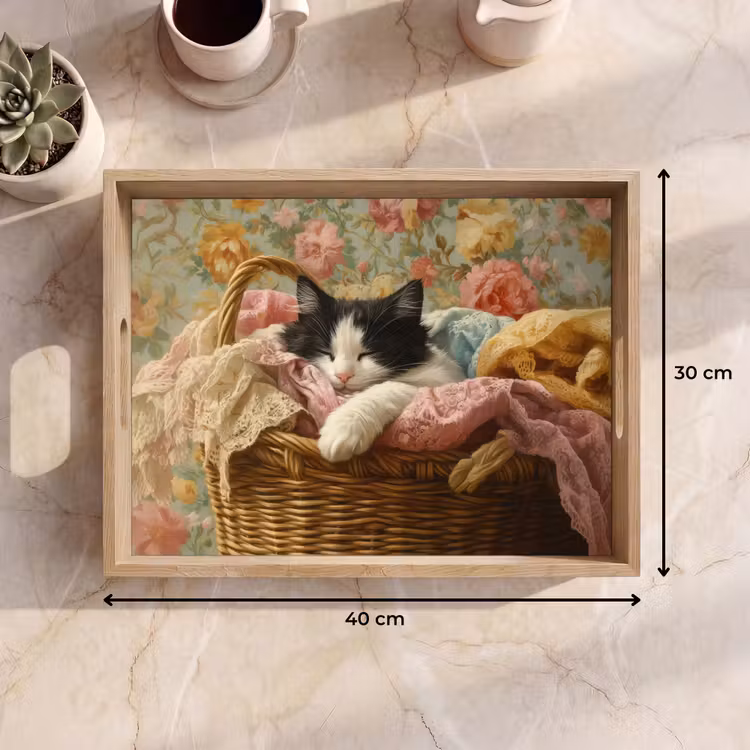 Kat - Bloemenprint - Rieten mand Dienblad Rechthoek middel -USP_Formaat