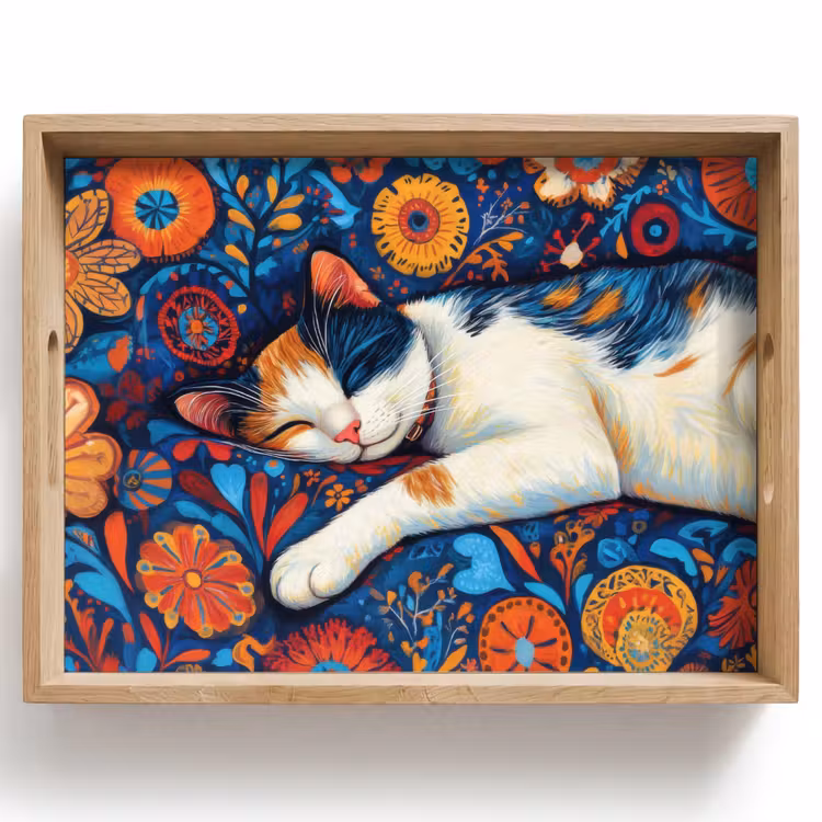 Kat - Bloemenpatroon - Blauw - Oranje Dienblad Rechthoek middel -z3d_shopping