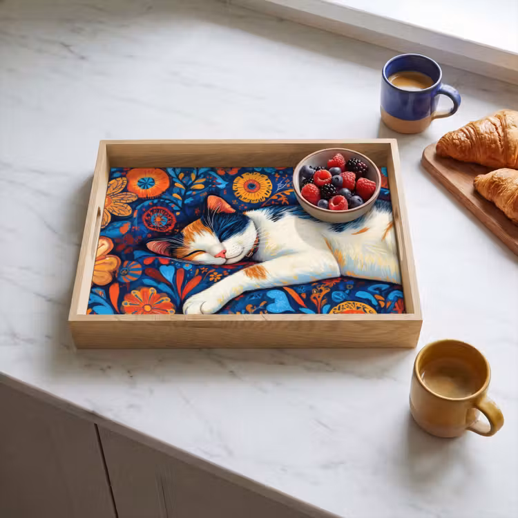 Kat - Bloemenpatroon - Blauw - Oranje Dienblad Rechthoek middel -sfeer2