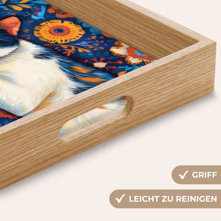 Kat - Bloemenpatroon - Blauw - Oranje Dienblad Rechthoek middel -USP_HandgreepDE